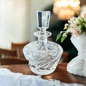 Vintage Cut Crystal Perfume Bottle–5''–Faceted Stopper-Vanity-Midcentury-Glass